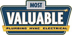 Sign with the words "Most Valuable Plumbing HVAC Electrical" in bold lettering, featuring a starburst design in the top right corner.
