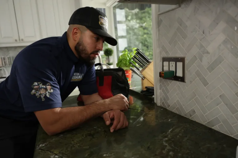 A man wearing a cap and uniform inspects a GFCI electrical outlet on a kitchen counter, with a tool bag nearby.