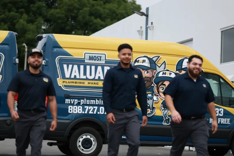 Three men in matching uniforms walk in front of a branded van with "Most Valuable Plumbing HVAC" signage and cartoon graphics.