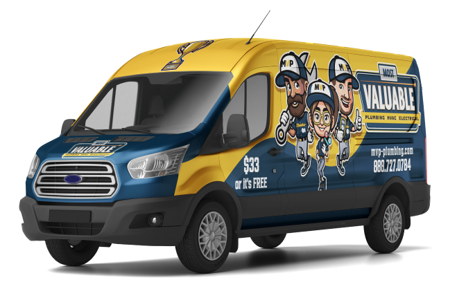 A blue and yellow plumbing service van featuring cartoon plumbers, the company name "Valuable," phone number, "$93 or it’s FREE" offer, and a maintenance plan advertised on the side.