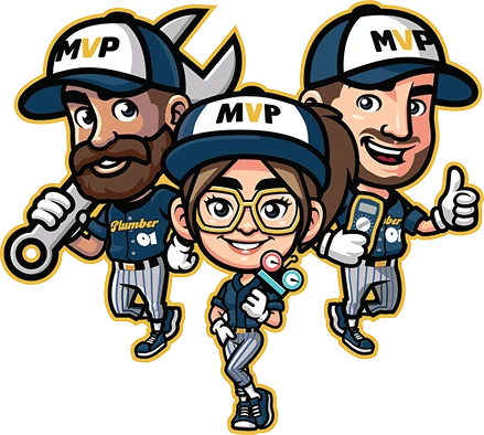 Cartoon illustration of three plumbers in MVP uniforms holding tools, smiling, and giving a thumbs up.