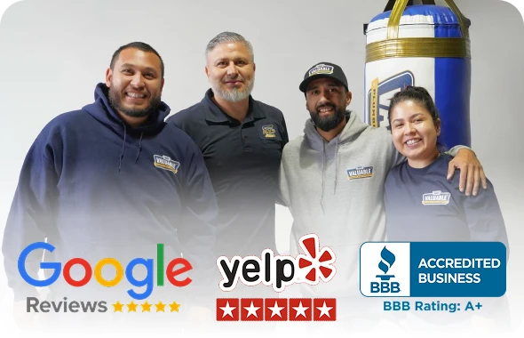 Four people in branded hoodies stand smiling in front of a gray background with a punching bag, next to Google, Yelp, and BBB business rating icons.