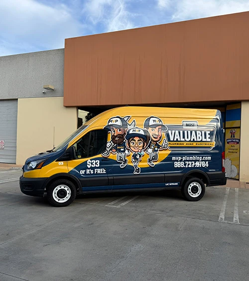 A van with MVP Plumbing branding, featuring cartoon plumbers, contact number, and a "$33 or it's free" service offer for sewer line repair, parked outside a commercial building.